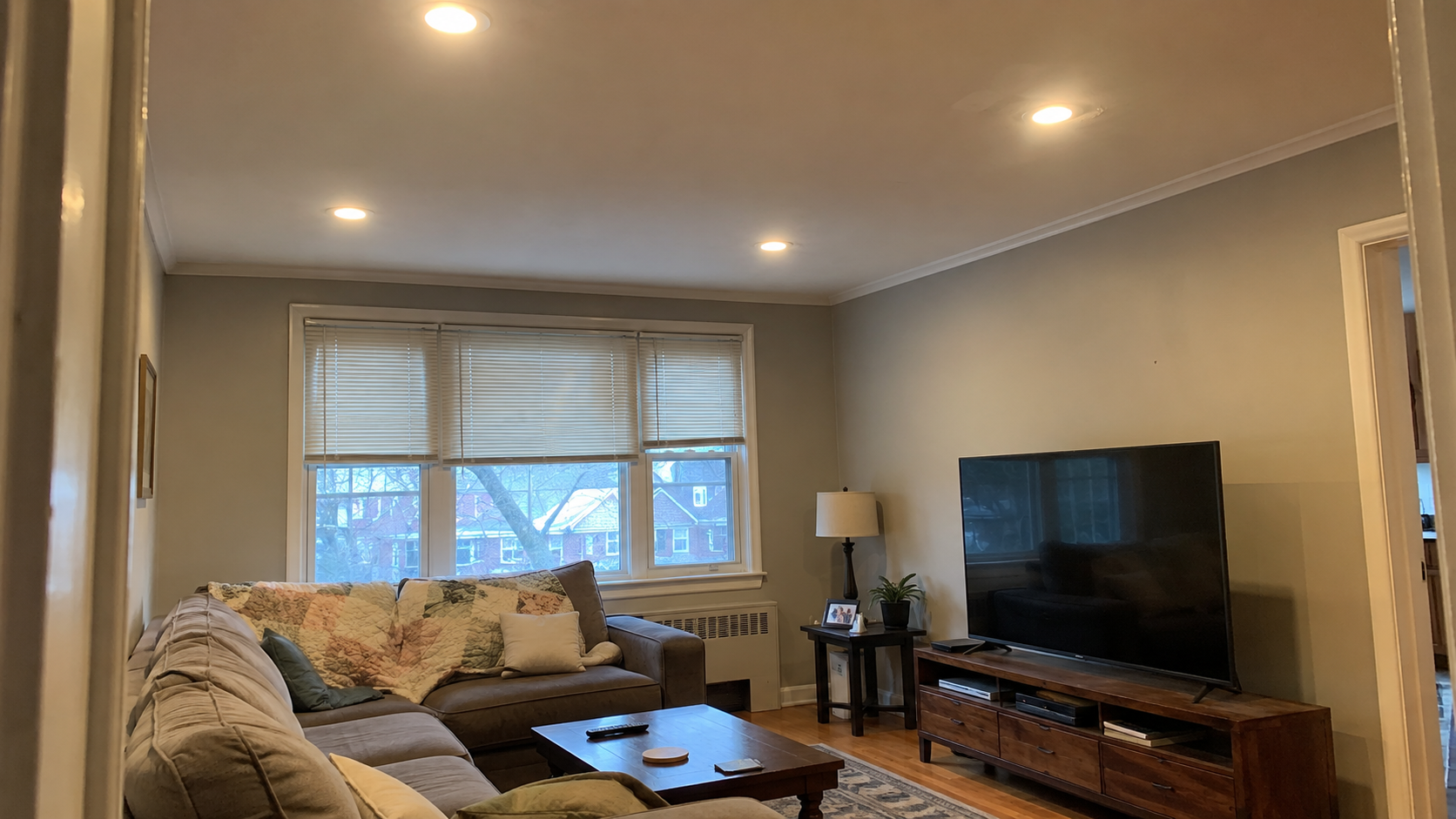 Recessed LED lighting installed in a Queens living room