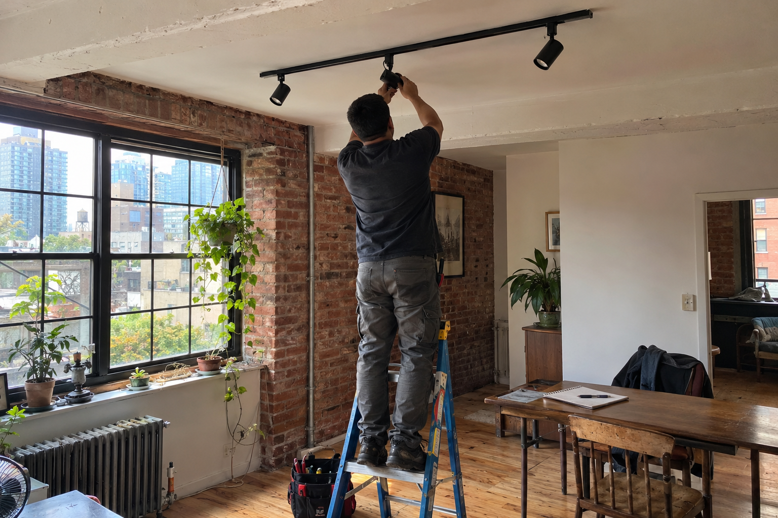 Electrician installing track lighting in a Long Island City loft