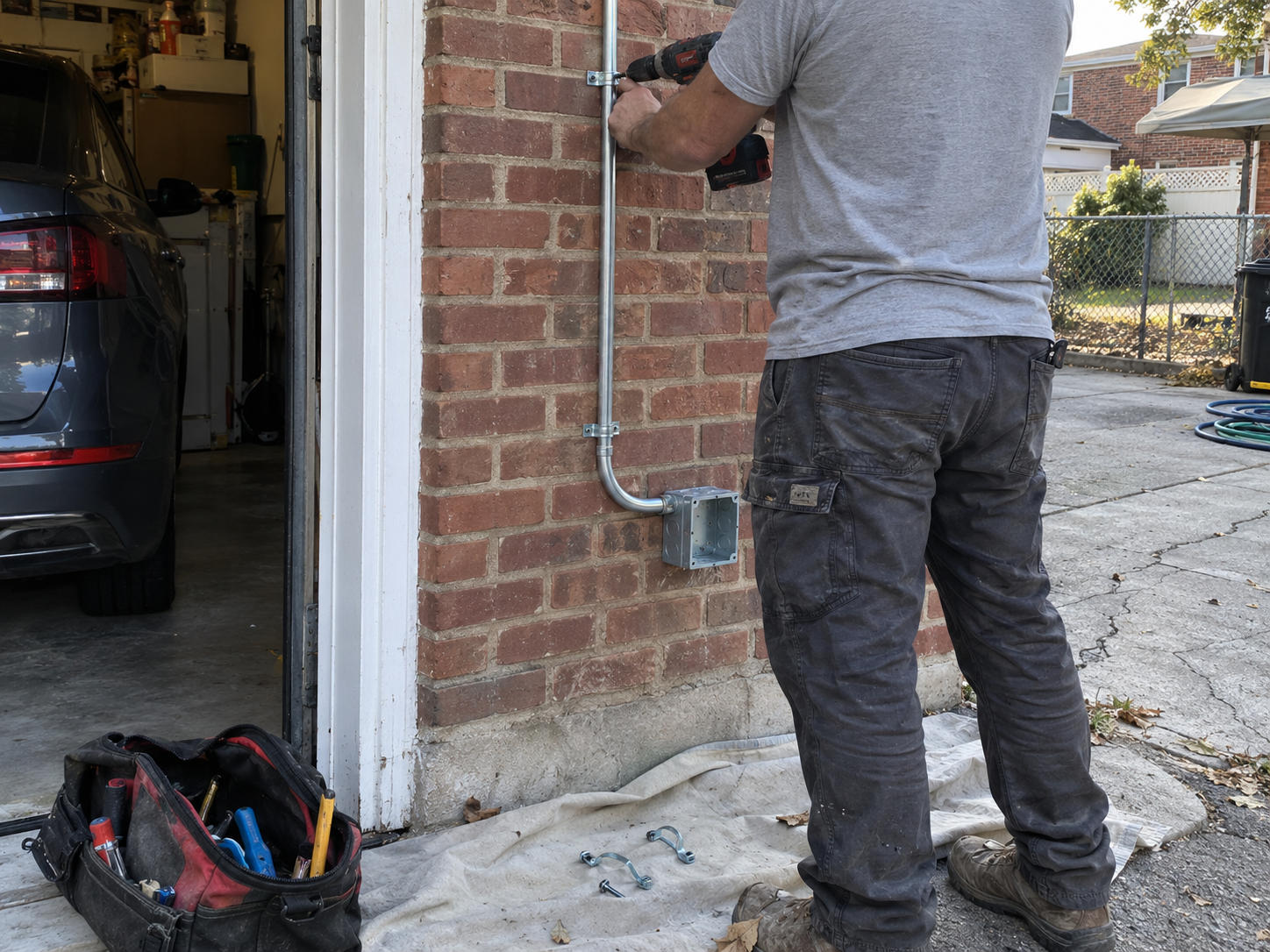 Electrician running conduit for an EV charger in a Queens driveway