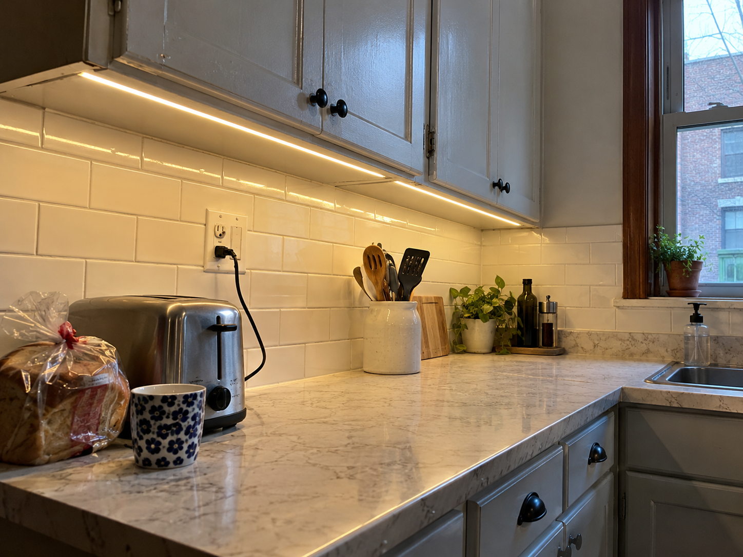 Under-cabinet LED lighting in a renovated Queens kitchen
