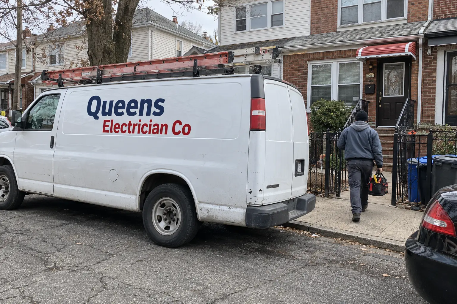 Queens Electrician Co electrician outside an attached home in Corona, Queens