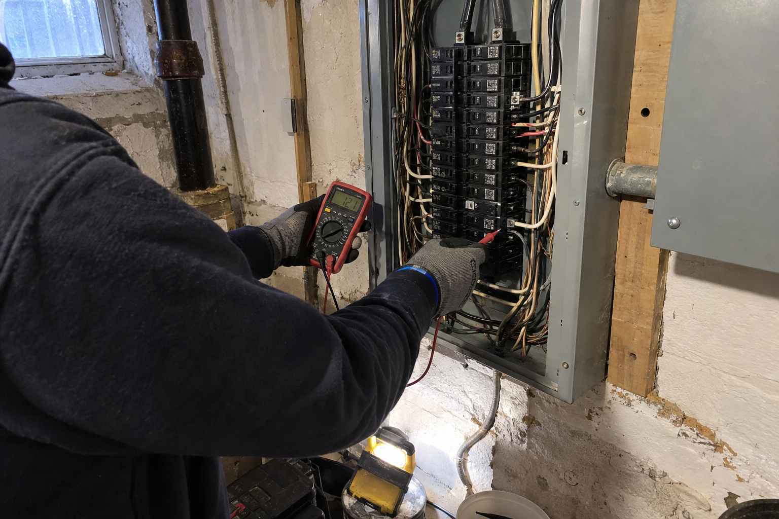 Electrician testing circuits at an electrical panel after a power outage in Queens