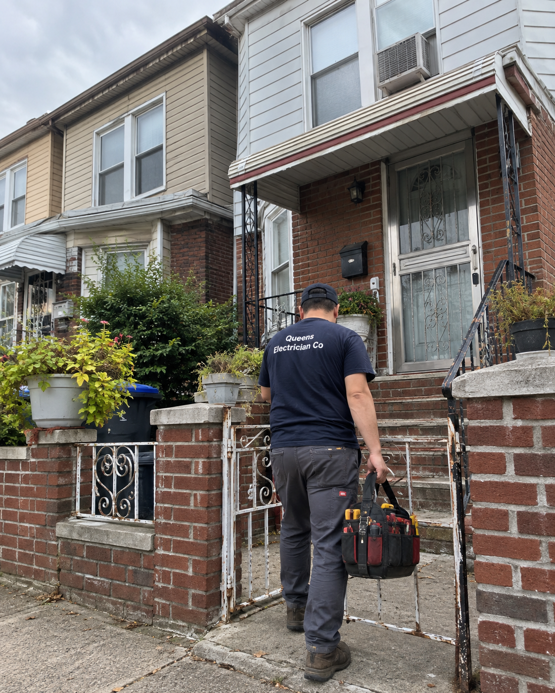 Queens Electrician Co van and electrician outside a home in Corona, Queens