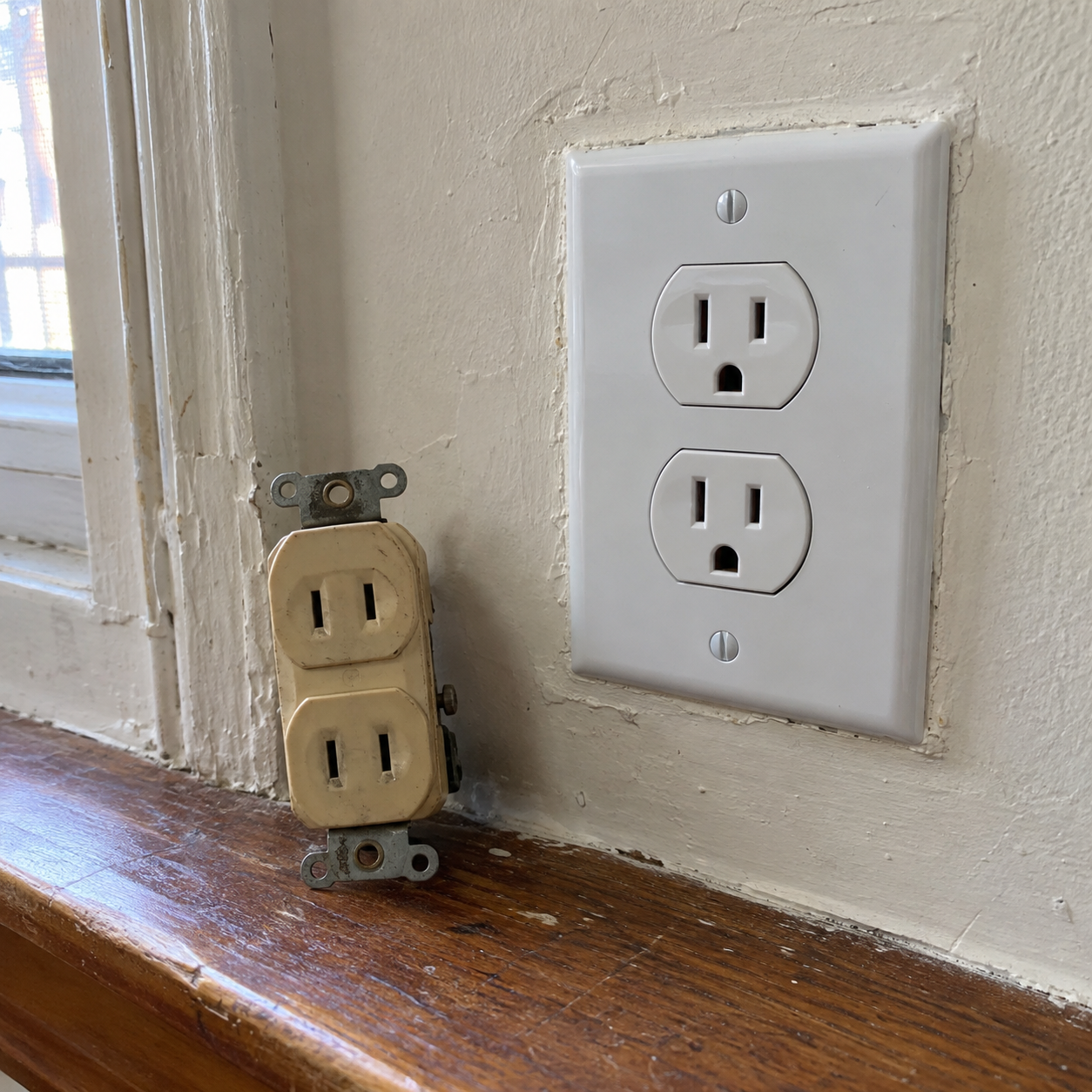 Old two-prong outlet next to a new grounded outlet in a Queens apartment