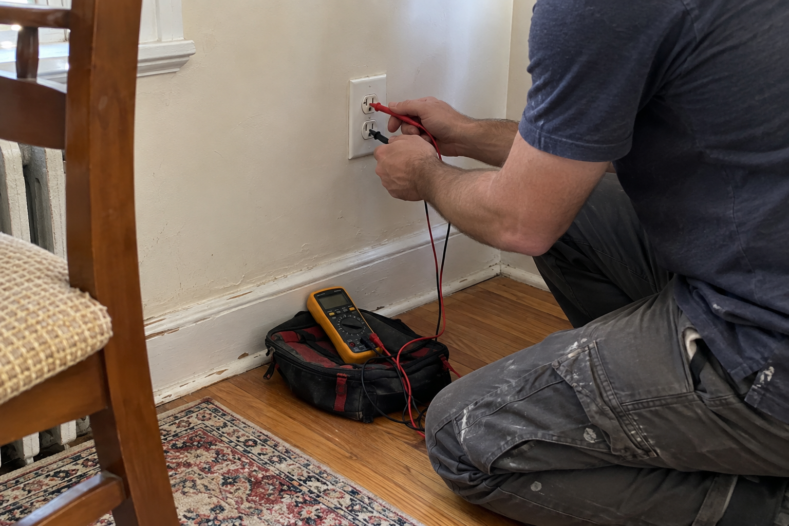 Electrician testing a circuit with a multimeter in a Queens home