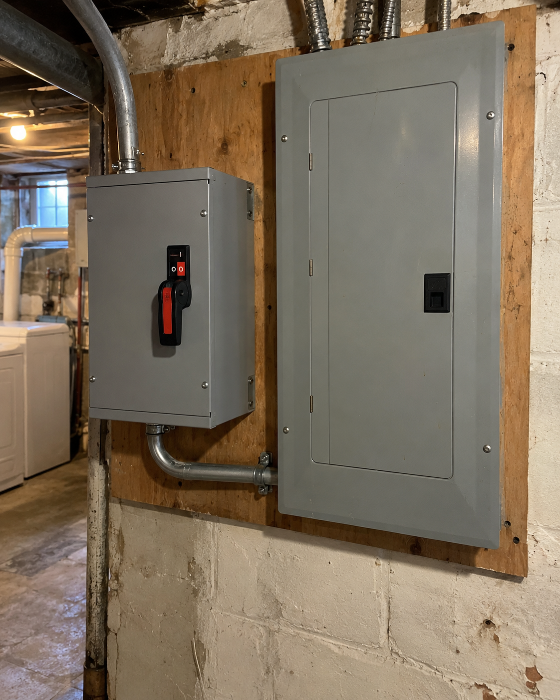 Transfer switch wired next to an electrical panel in a Queens basement