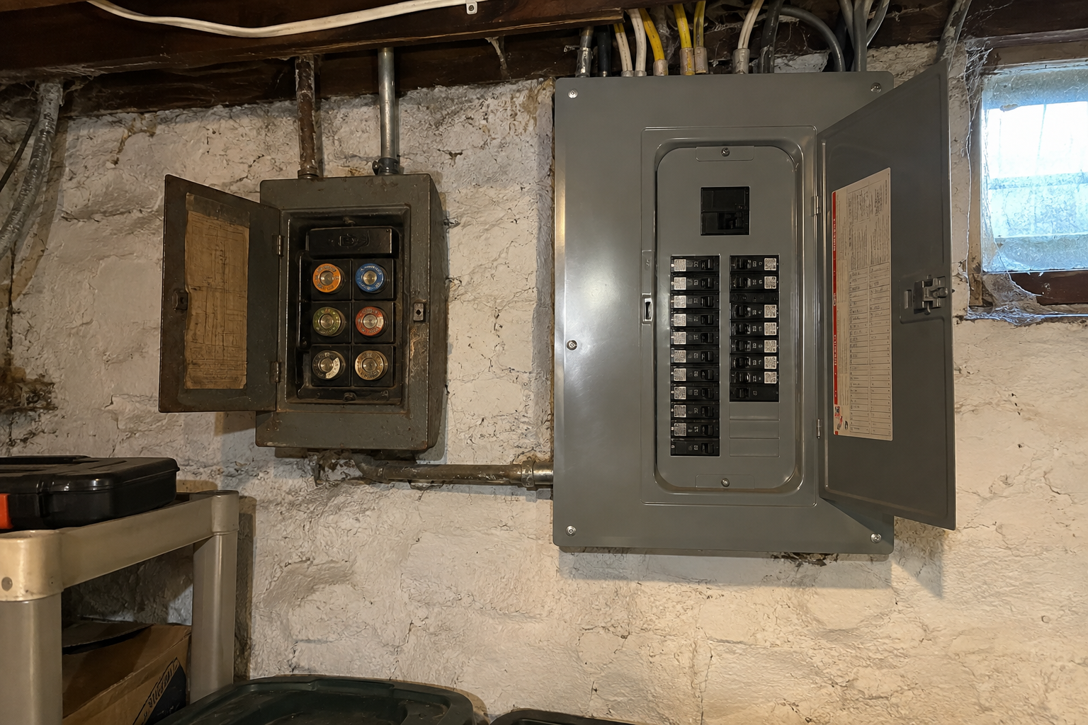 Old fuse box next to a new breaker panel in a Queens basement
